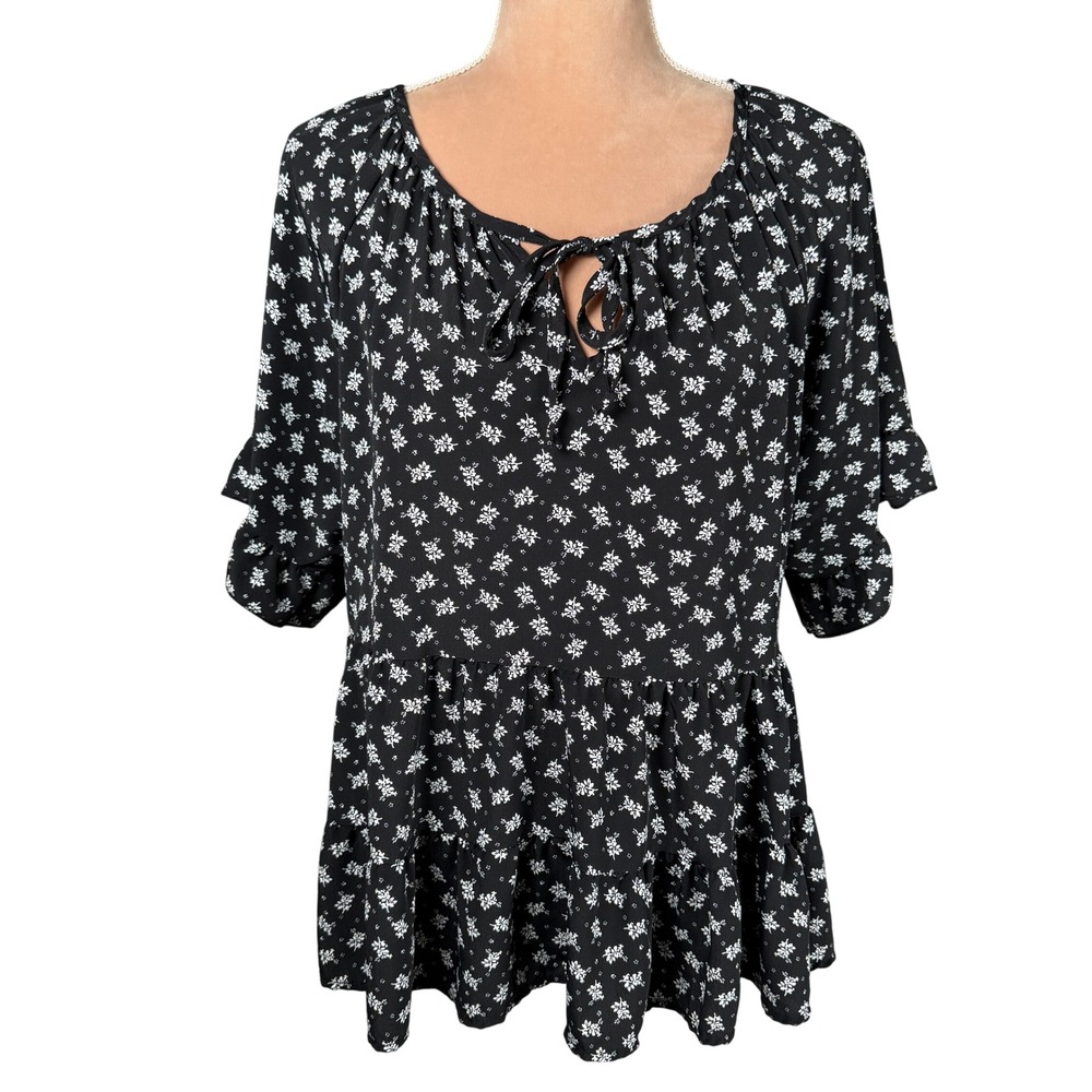 Altar'd State Peplum Blouse Womens Large Black Floral Tie Front Ruffle Sleeve